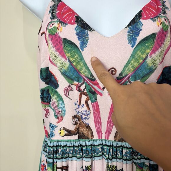 H&M Pink Pleated Jungle Print Midi Dress 6 Strappy Lace Up Back Tropical Animals - Picture 12 of 12